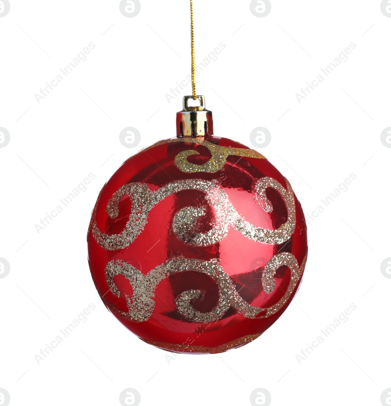 Photo of Beautiful red Christmas ball with golden pattern isolated on white