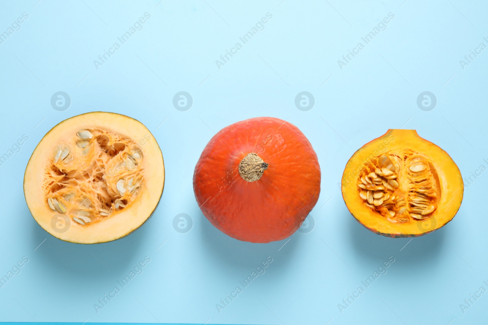 Photo of Fresh ripe pumpkins on blue background, flat lay. Holiday decoration