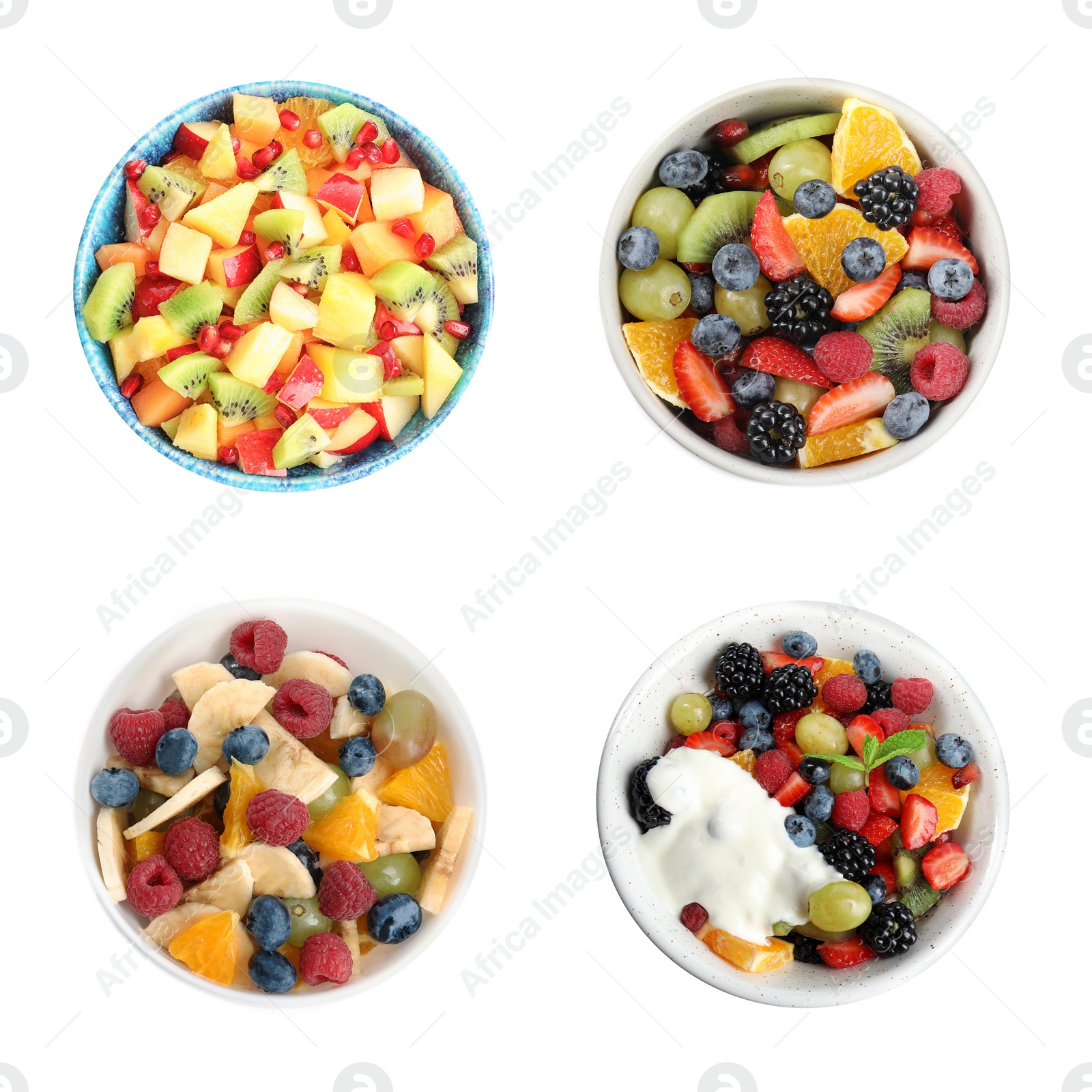 Image of Set with different salads on white background, top view