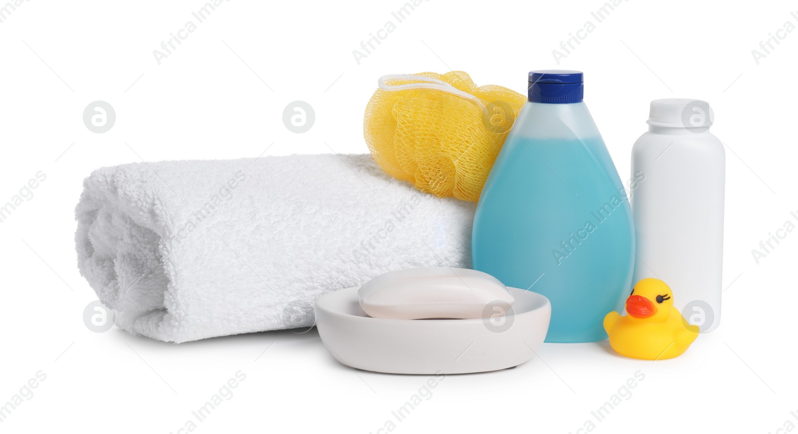 Photo of Baby cosmetic products, bath duck, sponge and towel isolated on white