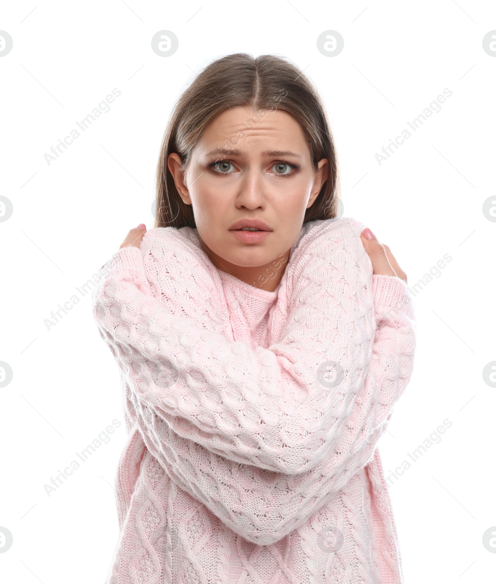 Photo of Young woman suffering from cold on white background