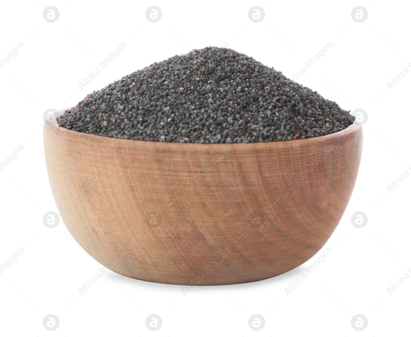 Photo of Poppy seeds in wooden bowl isolated on white
