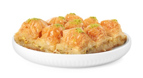 Photo of Delicious sweet baklava with pistachio nuts isolated on white