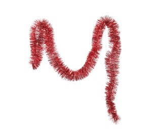 Shiny red tinsel isolated on white. Christmas decoration