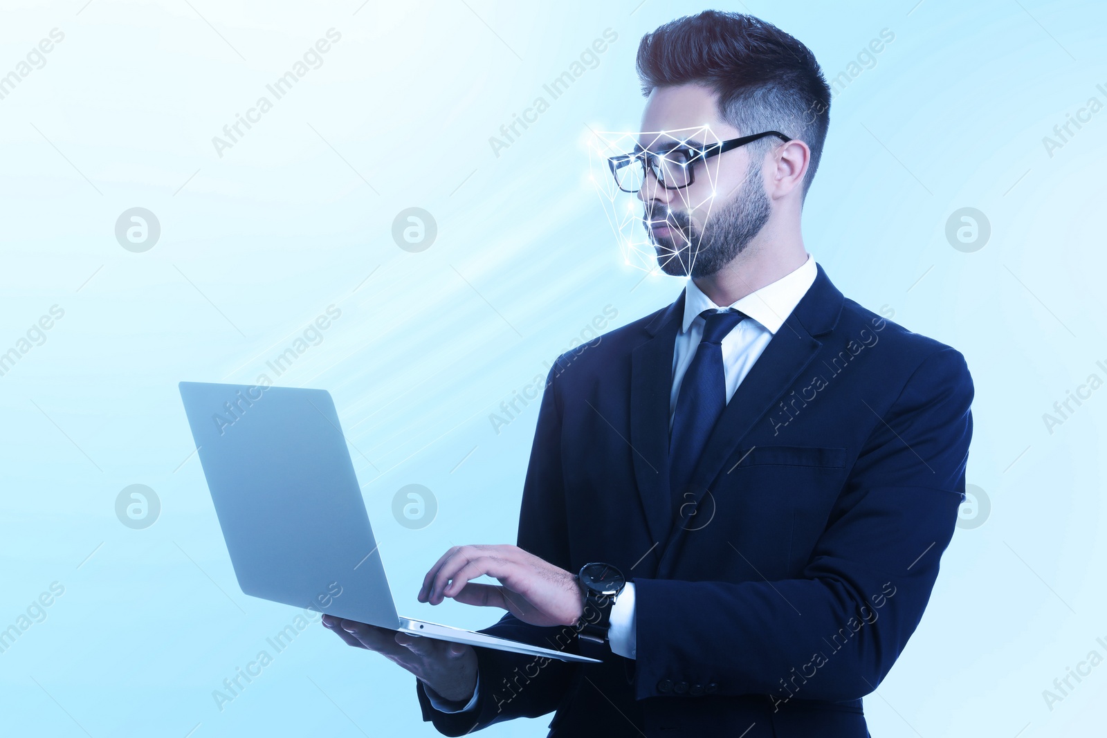 Image of Facial recognition system. Man using laptop on light blue background 