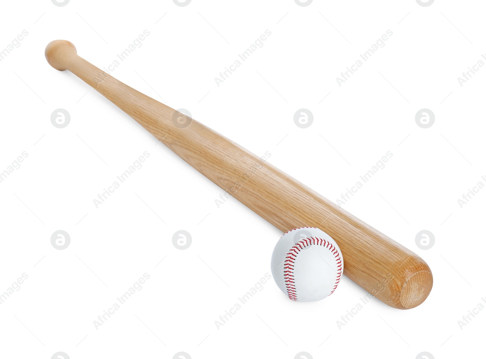 Photo of Wooden baseball bat and ball on white background. Sports equipment