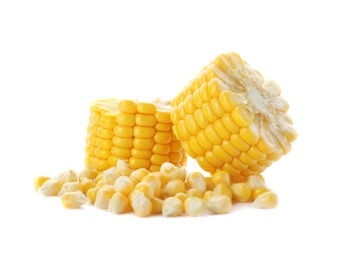 Tasty sweet corn cob on white background