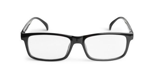 Photo of Stylish glasses with black frame isolated on white
