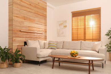 Photo of Stylish living room interior with modern comfortable sofa and plants