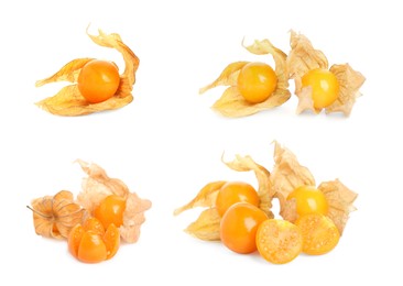 Image of Set with tasty ripe physalis fruits on white background