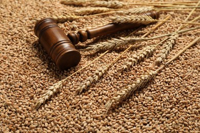 Photo of Wooden gavel and wheat ears on grains. Agricultural deal