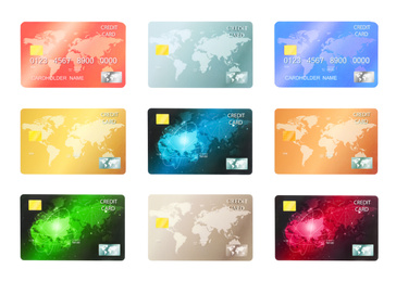 Set of modern credit cards on white background