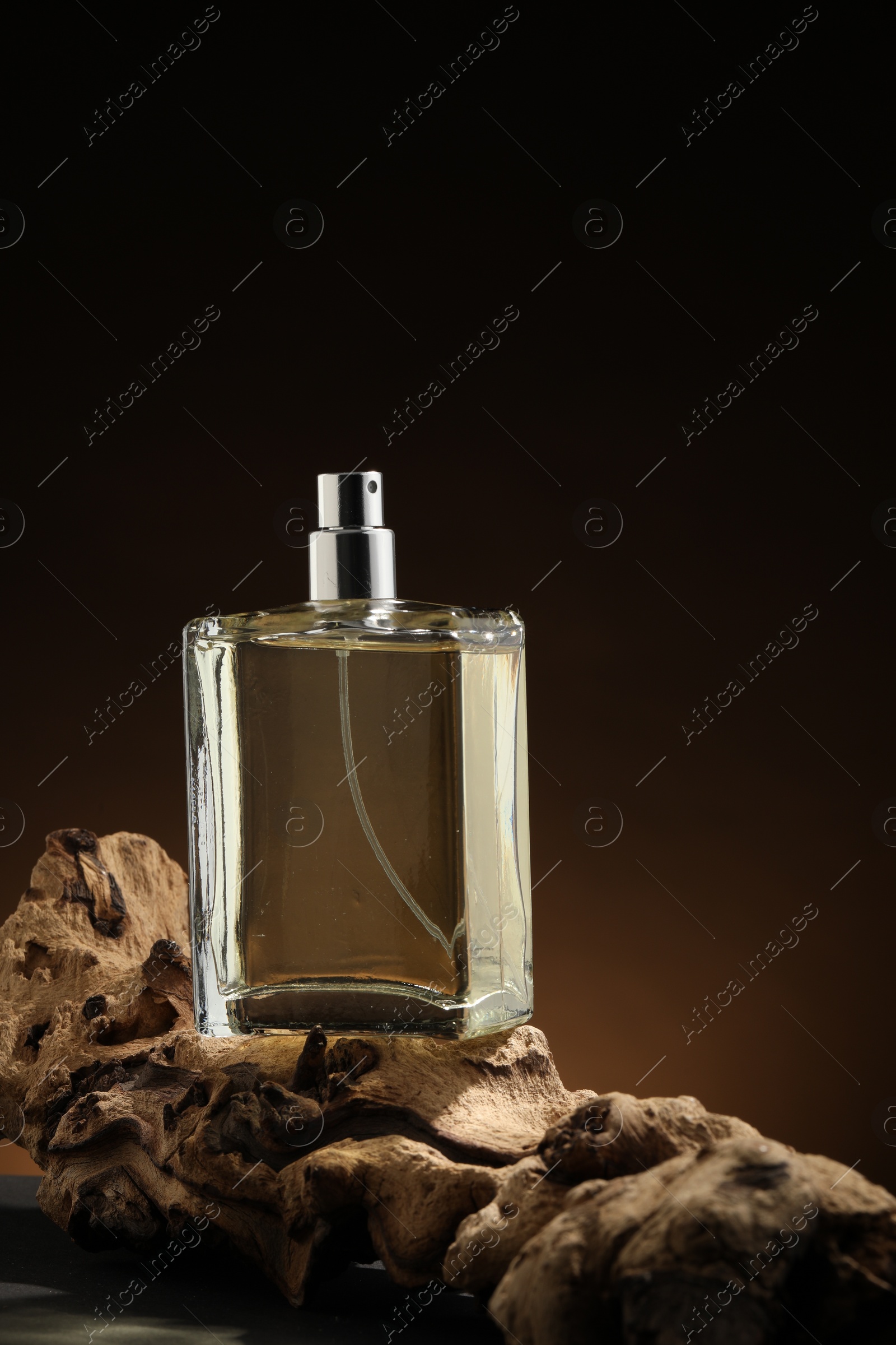 Photo of Luxury men`s perfume in bottle against brown background