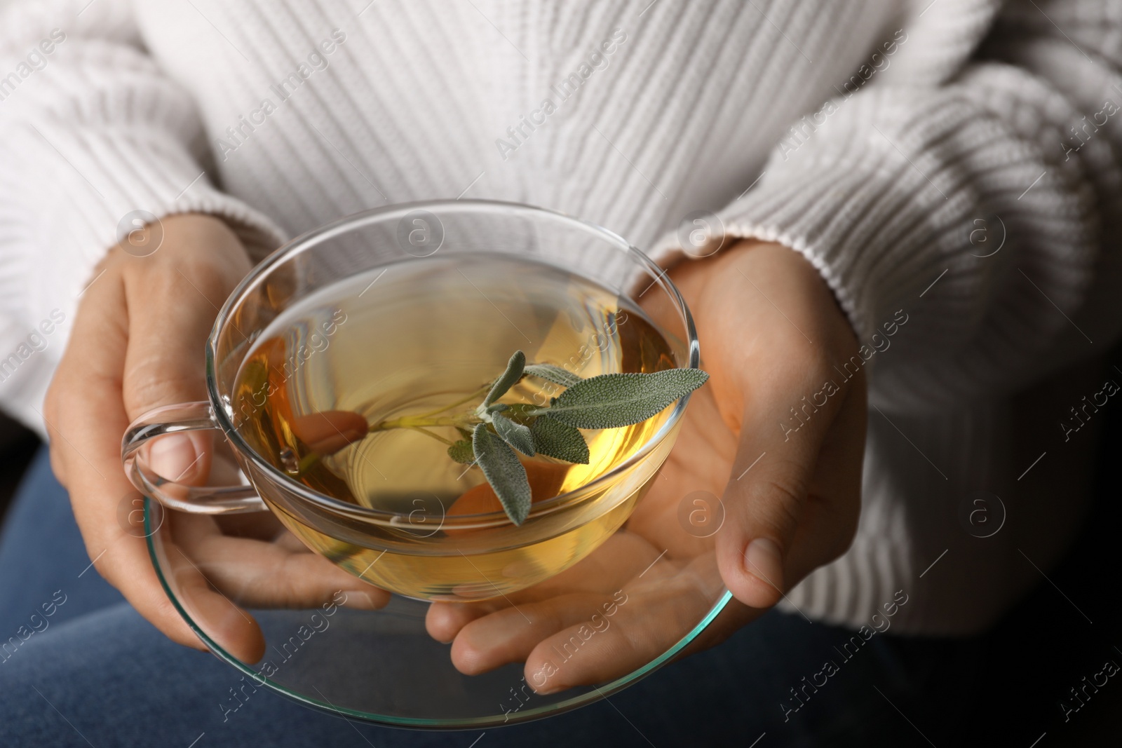 Photo of Woman drinking tasty herbal tea, closeup view