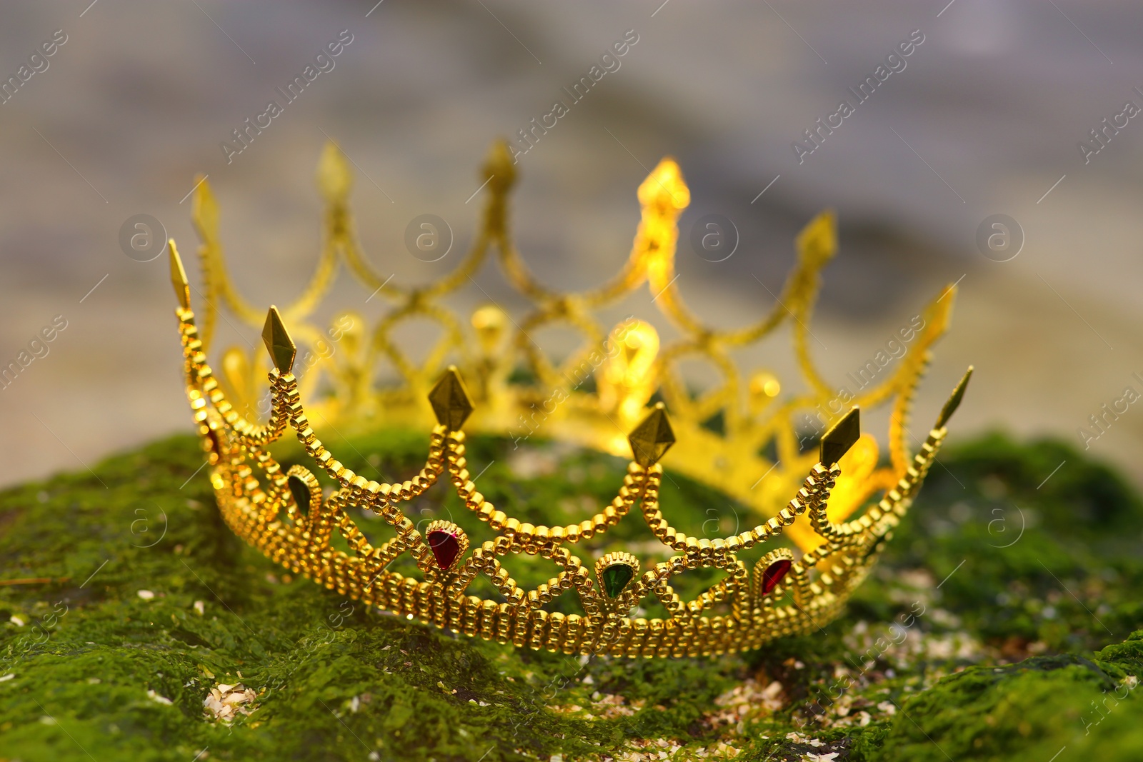 Photo of Beautiful golden crown on stone with green moss outdoors, closeup. Fantasy item