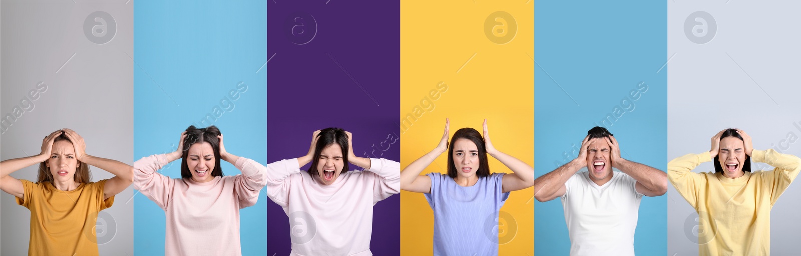 Image of Collage with photos of stressed people on color backgrounds