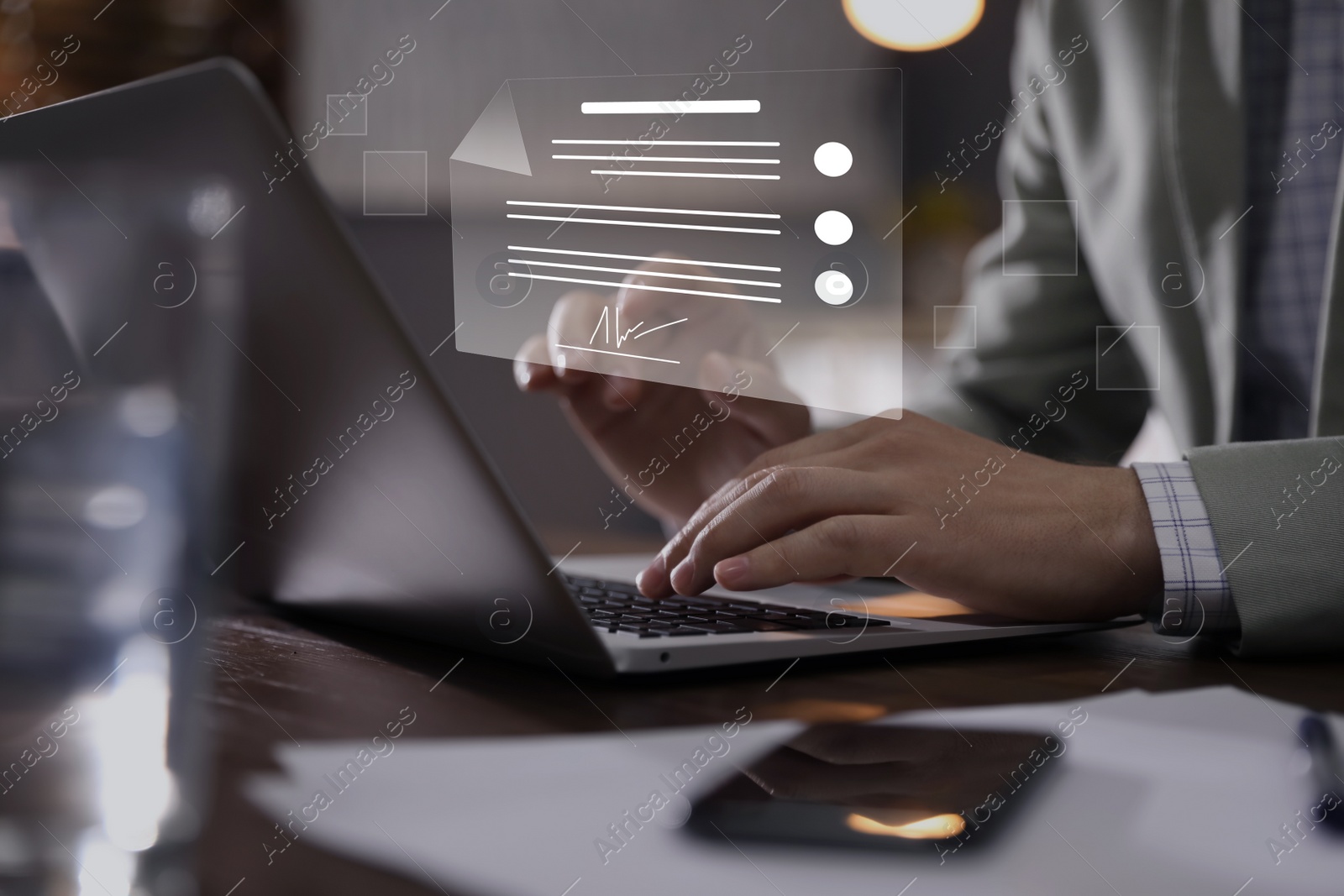 Image of Concept of electronic signature. Man working on laptop at table indoors, closeup