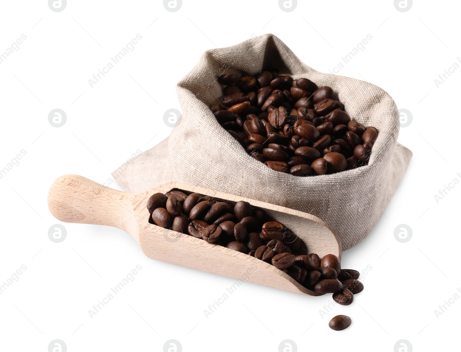 Photo of Bag and wooden scoop with roasted coffee beans isolated on white