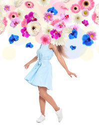 Creative spring fashion composition. Dancing girl and flowers splash