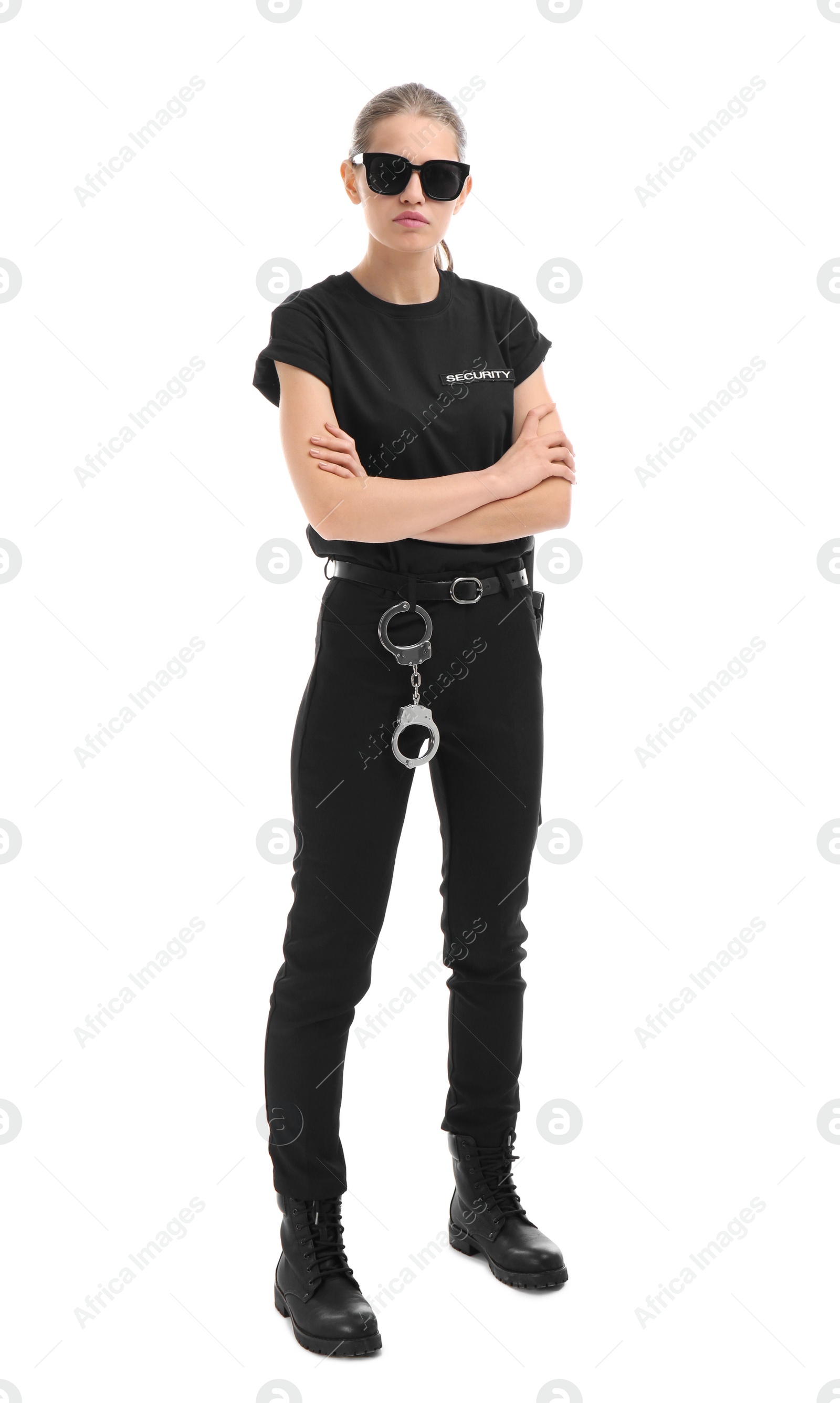 Photo of Female security guard in uniform on white background