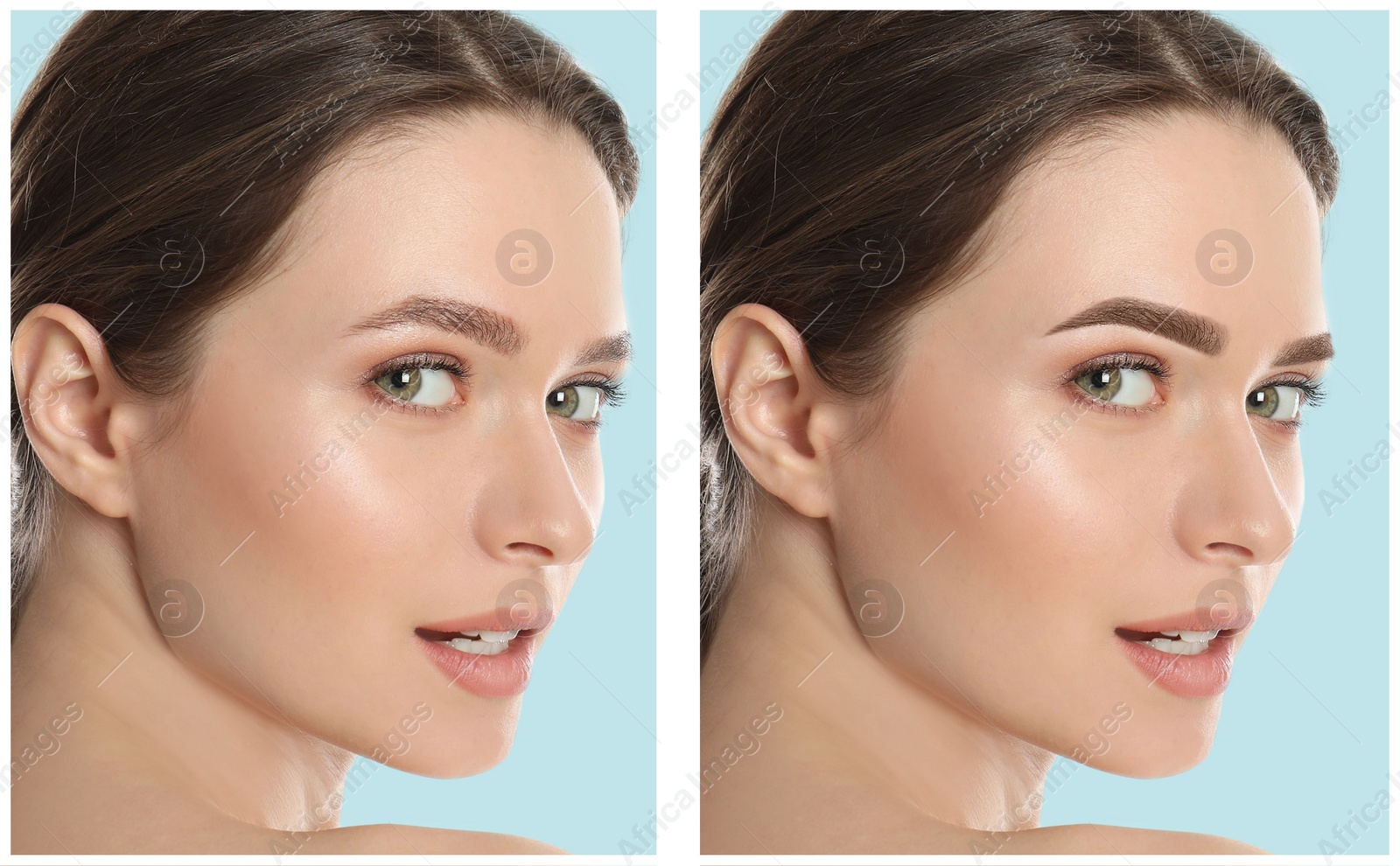 Image of Beautiful young woman before and after permanent makeup on light blue background, collage