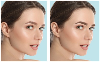 Image of Beautiful young woman before and after permanent makeup on light blue background, collage