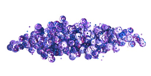 Photo of Pile of violet sequins isolated on white, top view