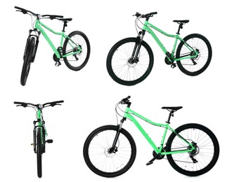 Image of Collage with bicycle on white background, views from different sides