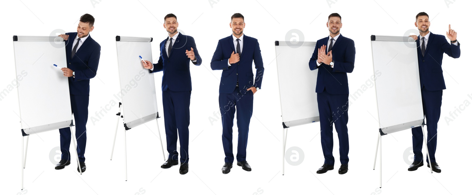 Image of Collage with photos of business trainer on white background, banner design 