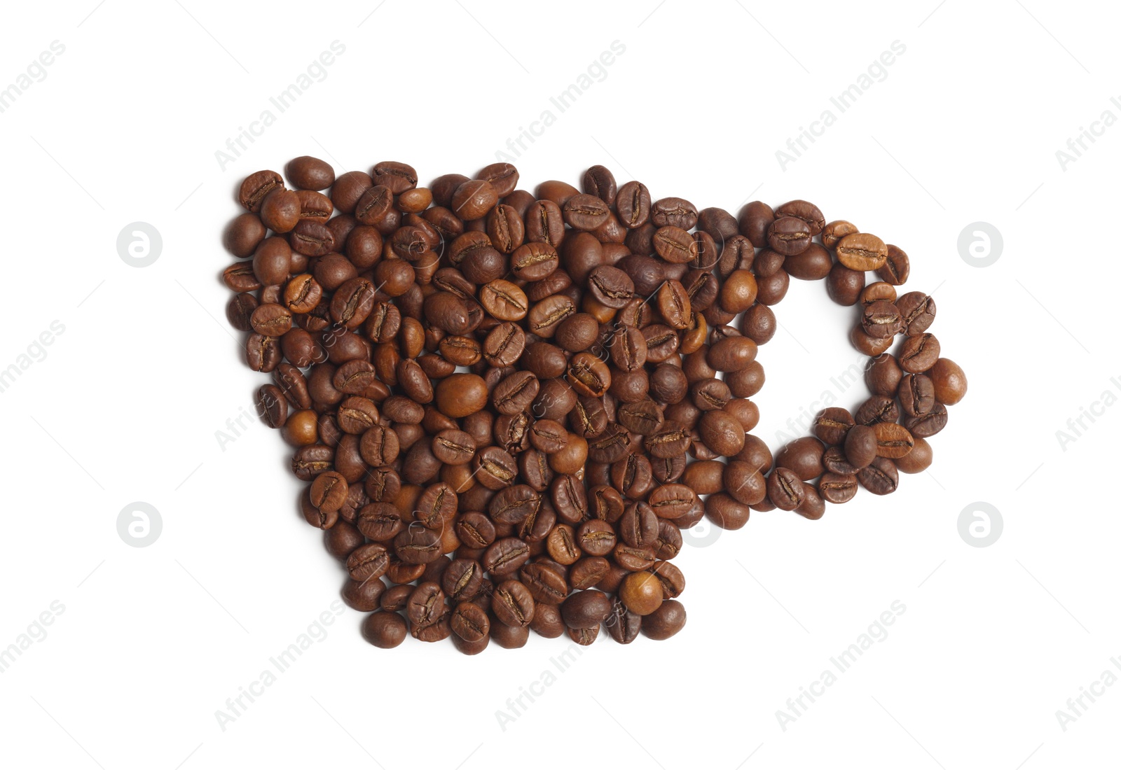 Photo of Cup of drink, composition made with coffee beans isolated on white, top view