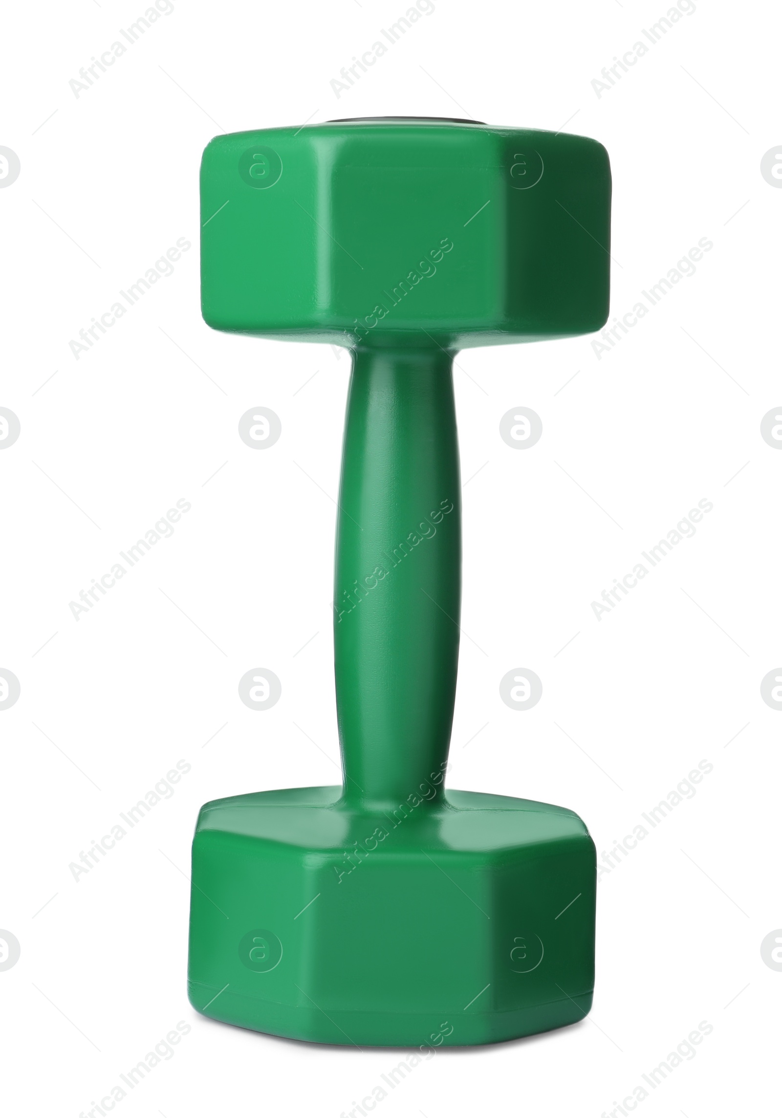 Photo of Green dumbbell isolated on white. Weight training equipment