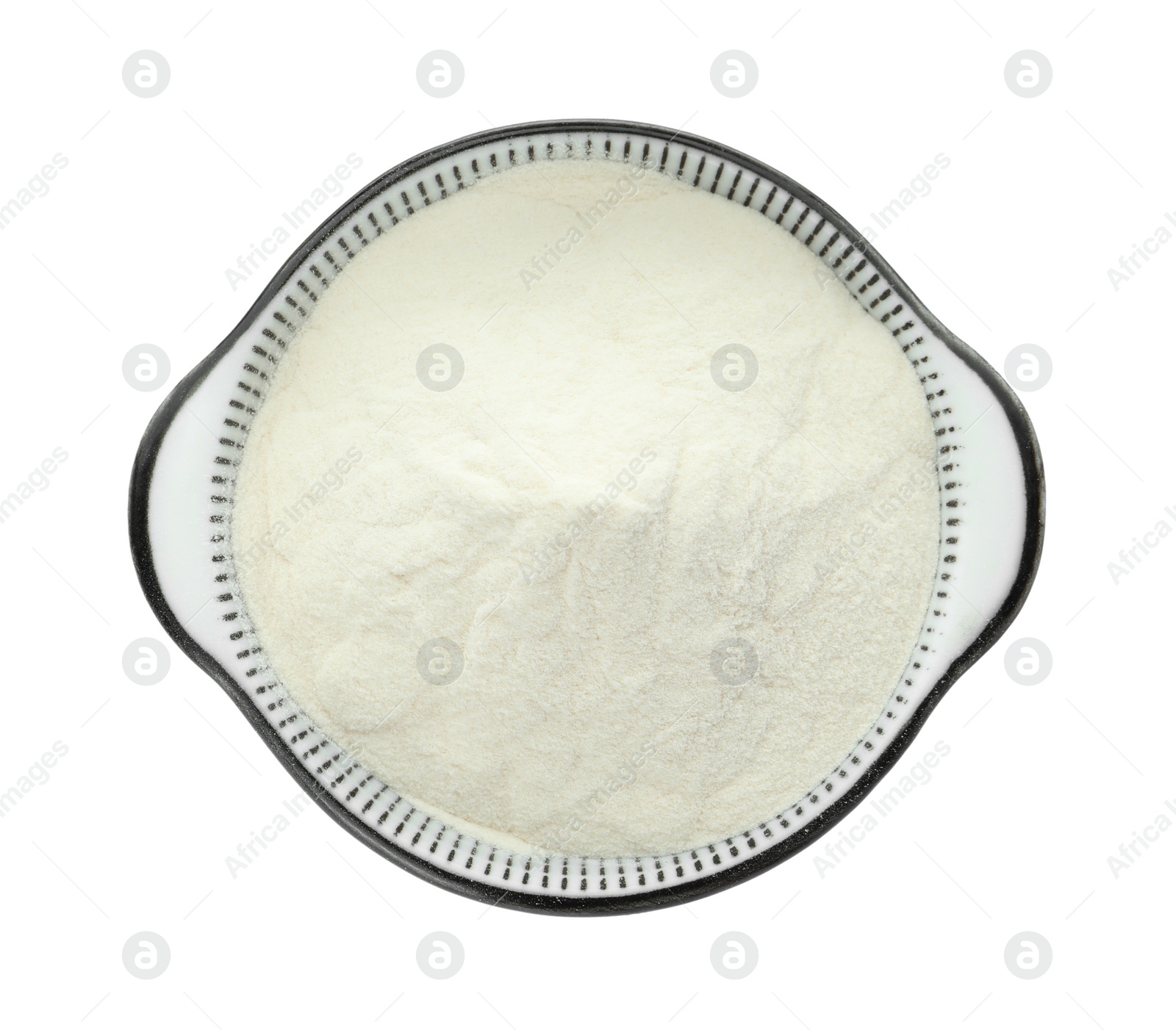 Photo of Bowl of agar-agar powder isolated on white, top view