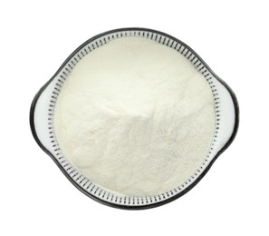 Photo of Bowl of agar-agar powder isolated on white, top view