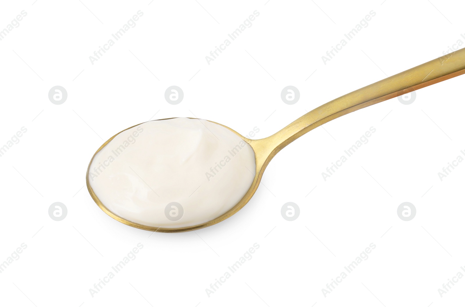 Photo of One golden spoon with mayonnaise isolated on white