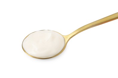 Photo of One golden spoon with mayonnaise isolated on white