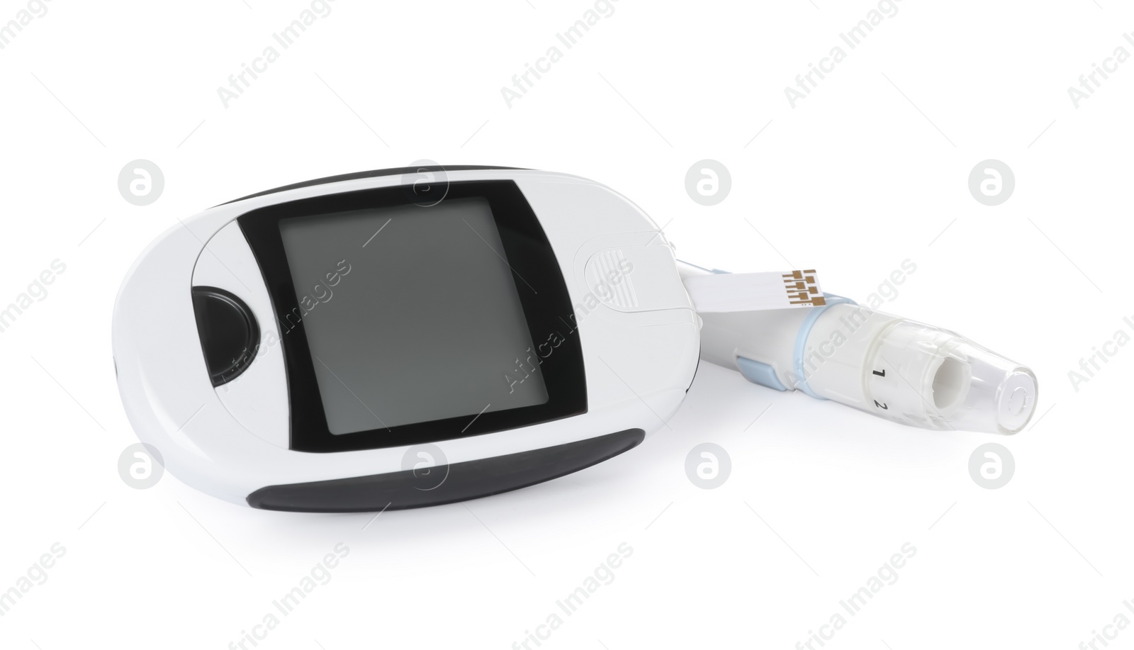 Photo of Digital glucometer and lancet pen on white background