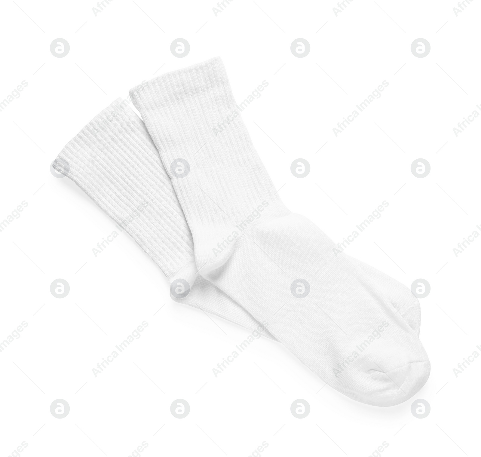 Photo of Pair of stylish clean socks isolated on white, top view