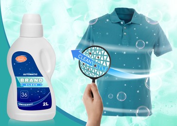 Image of Liquid laundry detergent advertisement design. Woman looking through magnifying glass at t-shirt, closeup