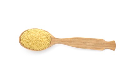 Photo of Wooden spoon of raw couscous isolated on white, top view