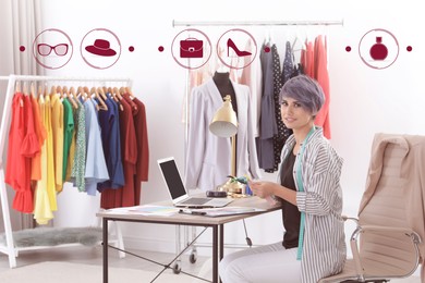 Image of Fashion buyer working with laptop in boutique, icons in foreground