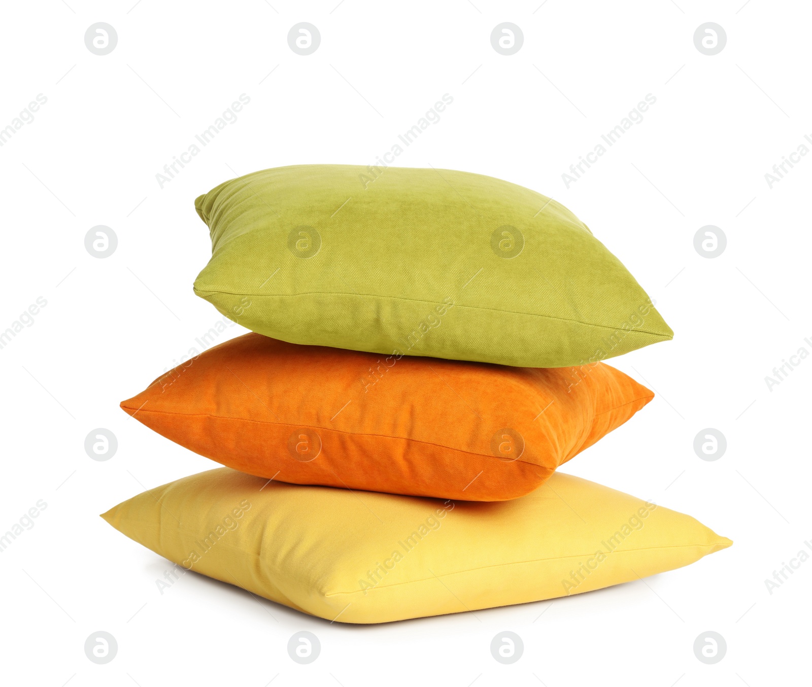 Photo of Stack of colorful decorative pillows on white background