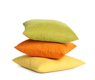 Photo of Stack of colorful decorative pillows on white background