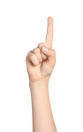 Woman pointing at something on white background, closeup of hand