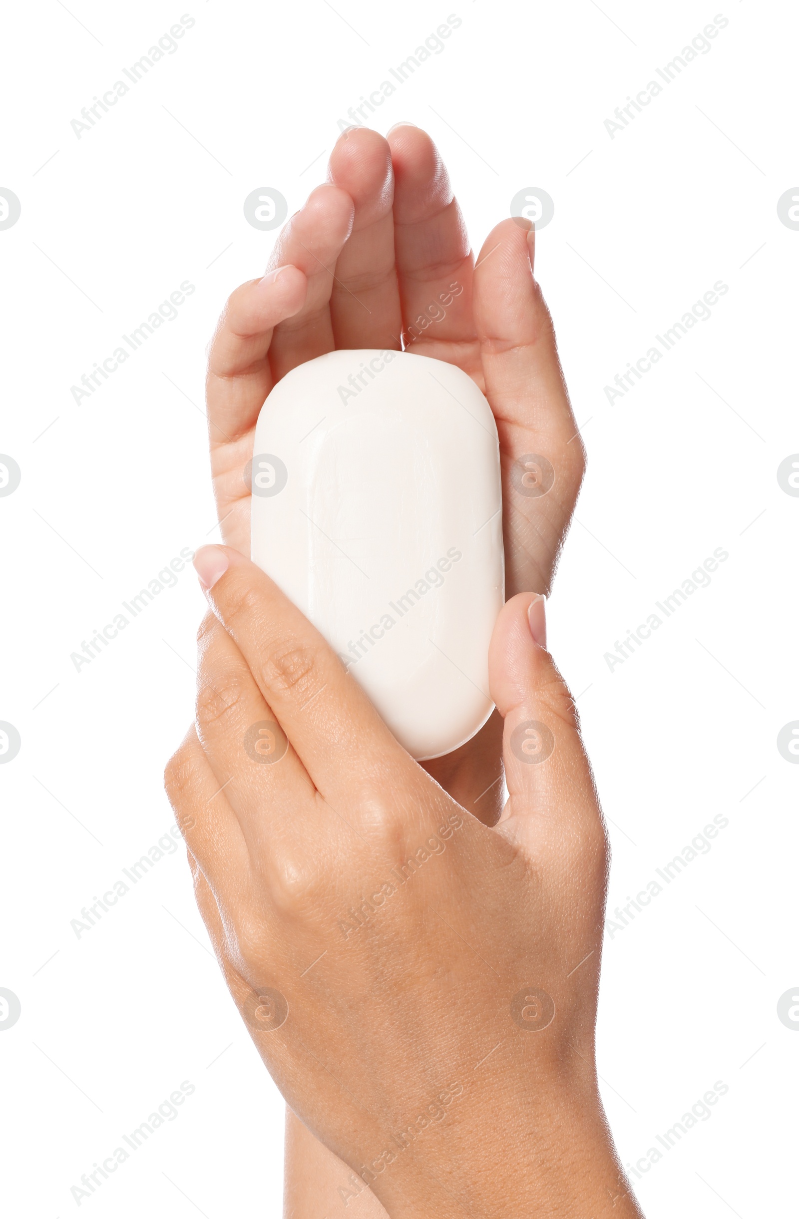 Photo of Woman holding soap bar on white background, closeup