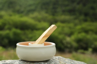 Photo of Palo santo stick on stone surface outdoors, closeup. Space for text