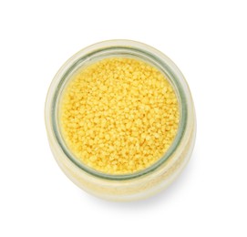 Photo of Glass jar of raw couscous isolated on white, top view