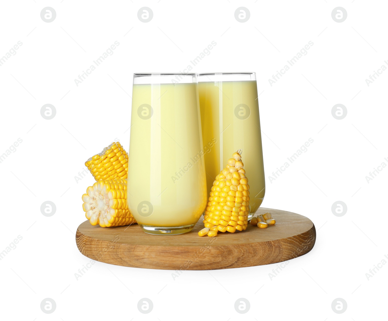 Photo of Tasty fresh corn milk in glasses and cobs on white background