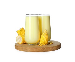Photo of Tasty fresh corn milk in glasses and cobs on white background