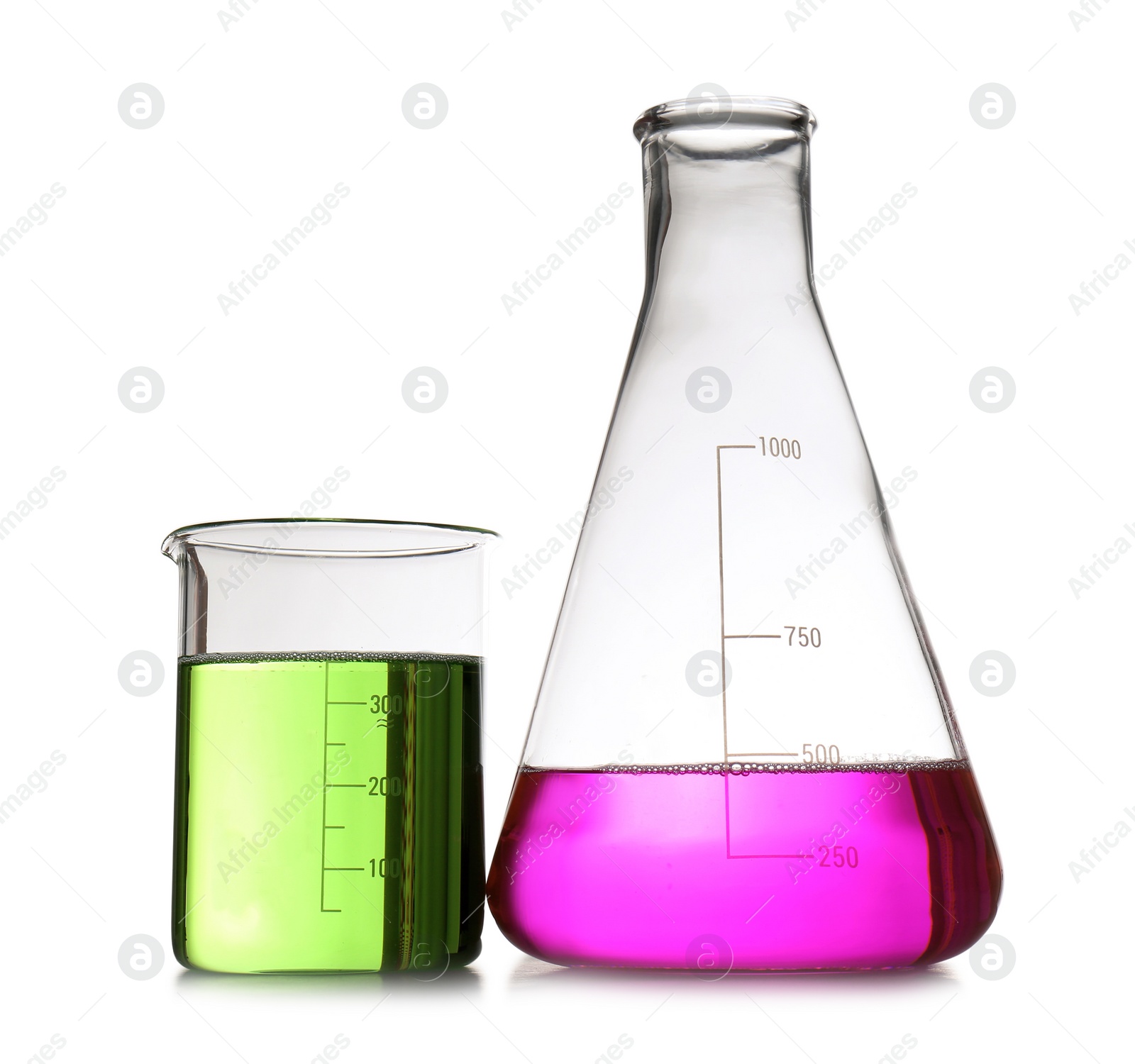 Photo of Chemistry laboratory glassware with samples isolated on white