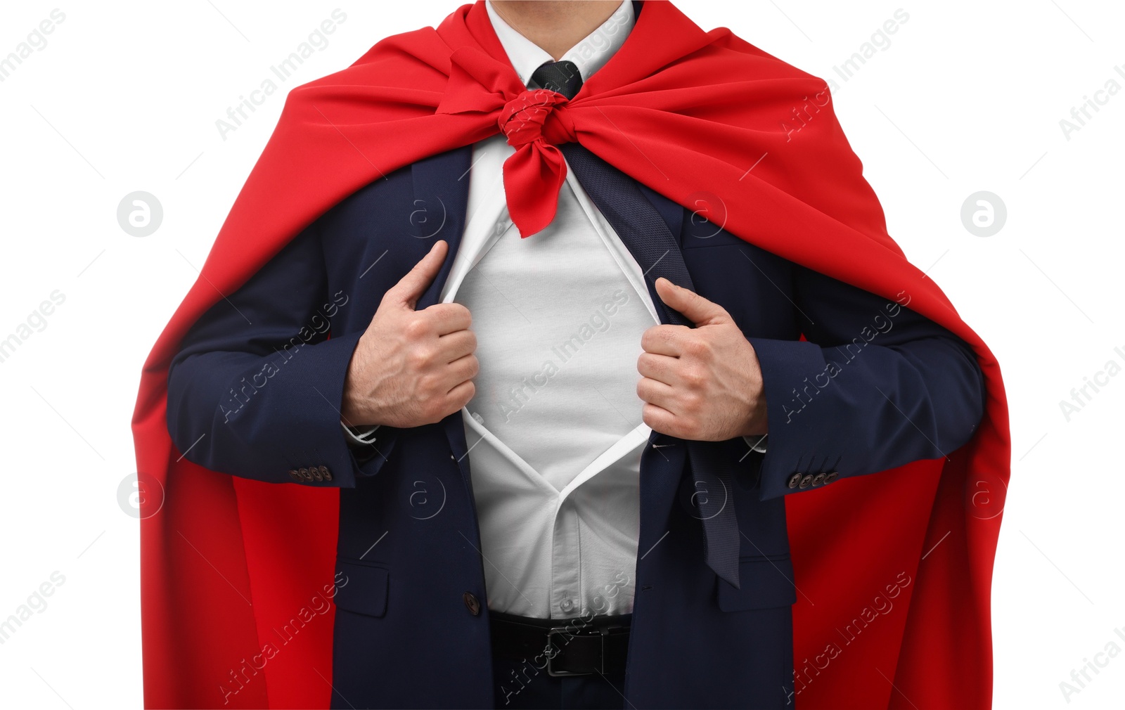 Photo of Businessman wearing superhero costume under suit on white background, closeup